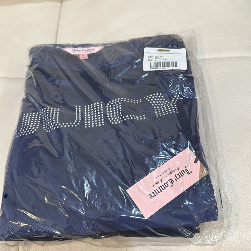 NWT JUICY COUTURE Velour Fitted Top And Wide Leg Pants Lounge Set in Royal Navy - Picture 3 of 6